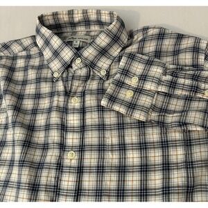 Peter Millar Mens M Button Down Shirt Blue Brown Plaid Long Sleeve Casual Cotton